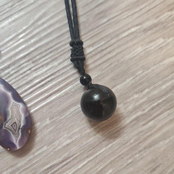 Moon, Purple Agate, & Black Obsidian Pendant Necklace Set + Lava Bracelet - Picture 5 of 6